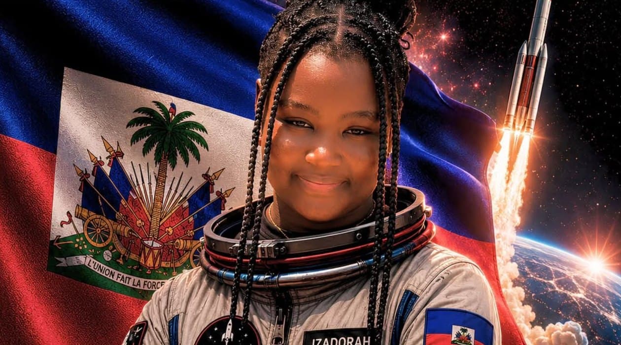 Izadorah Lapierre en combinaison spatiale devant le drapeau haïtien, sur un visuel de la mission ShakthiSAT